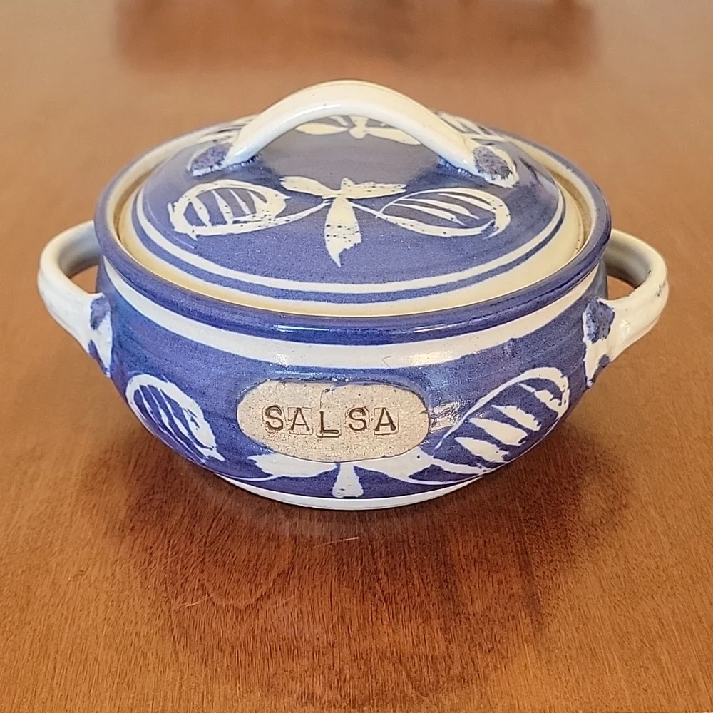 Pottery Blue White Salsa Dish with Lid